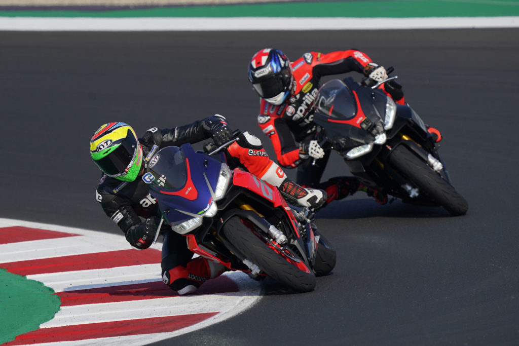 Bradley Smith and Lorenzo Savadori riding new Aprilia RS 660 streetbikes at Misano. Photo courtesy Aprilia.