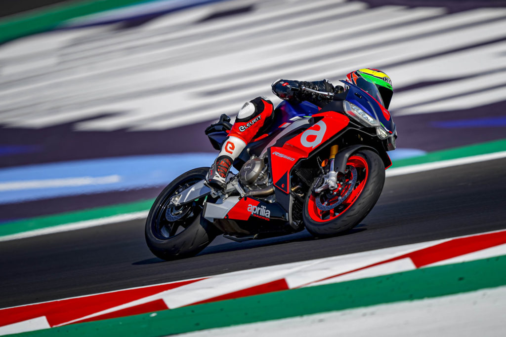 Lorenzo Savadori testing an Aprilia RS 660 at Misano. Photo courtesy Aprilia.