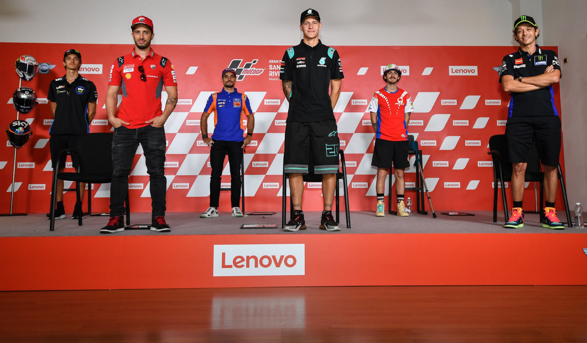 World Championship riders (from right): Valentino Rossi, Francesco Bagnaia, Fabio Quartararo, Miguel Oliveira, Andrea Dovizioso, and Luca Marini. Photo courtesy Dorna.