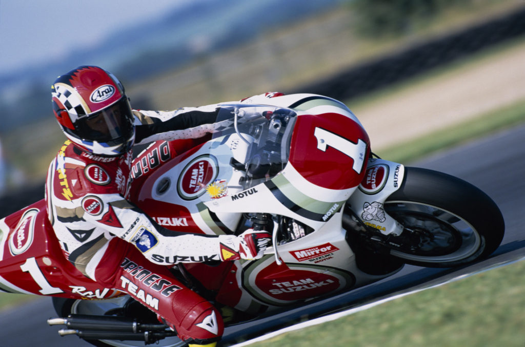 Suzuki’s all-time MotoGP/500cc GP podium leader Kevin Schwantz (1), as seen in 1994. Photo courtesy Team Suzuki Press Office.