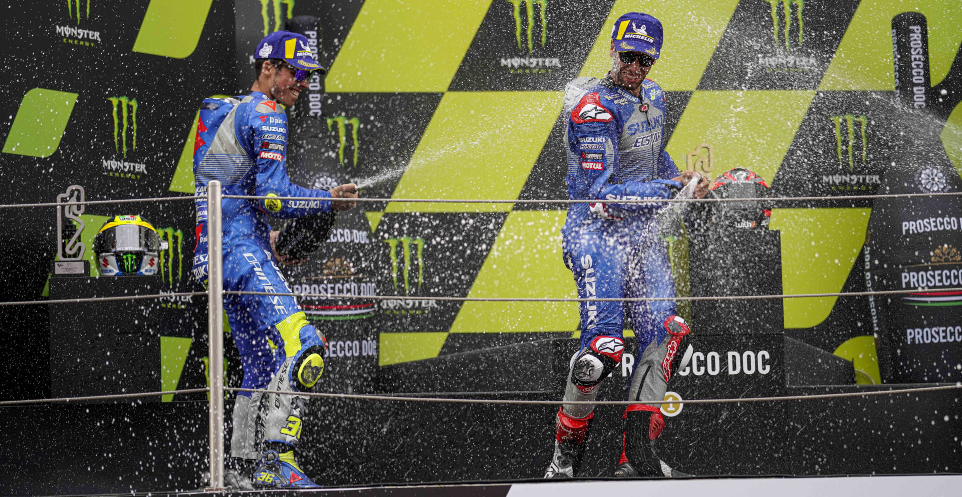 Team Suzuki ECSTAR riders Joan Mir (left) and Alex Rins (right) on the MotoGP podium at Catalunya. Photo courtesy Team Suzuki Press Office.