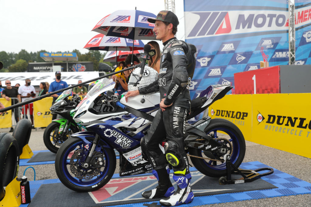 Jason Aguilar on the MotoAmerica Supersport podium. Photo by Brian J. Nelson, courtesy Jason Aguilar Racing.