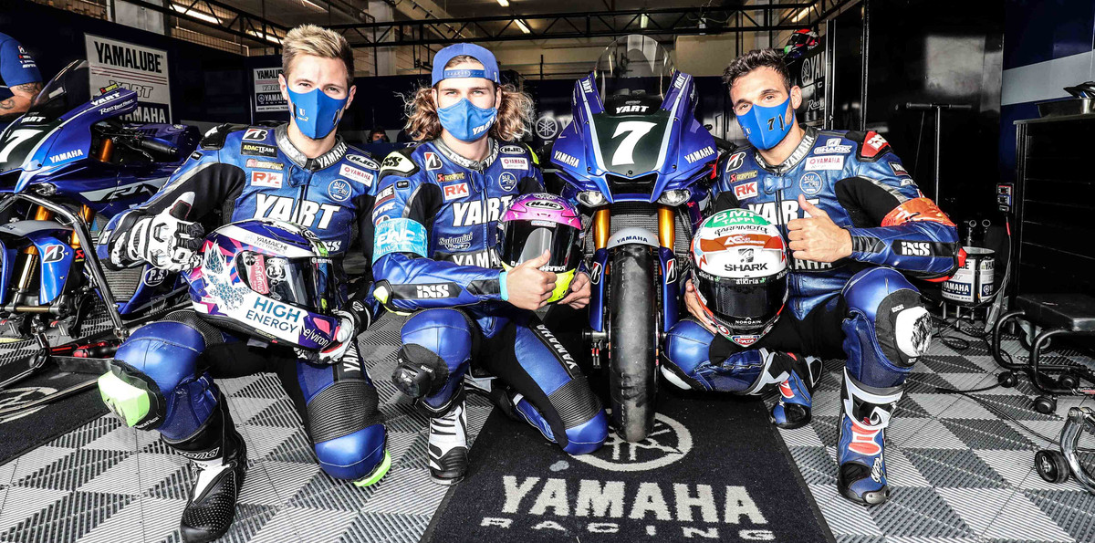 YART Yamaha riders Marvin Fritz (left), Karel Hanika (center), and Niccolo Canepa (right) at Estoril. Photo courtesy Eurosport Events.