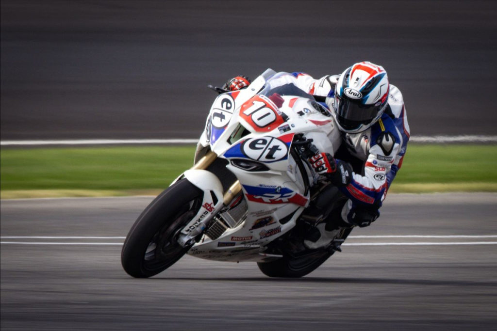 Travis Wyman (10) claimed his first win of the 2020 MotoAmerica season Saturday at Indianapolis Motor Speedway. Photo by BrockImaging, courtesy Travis Wyman Racing.