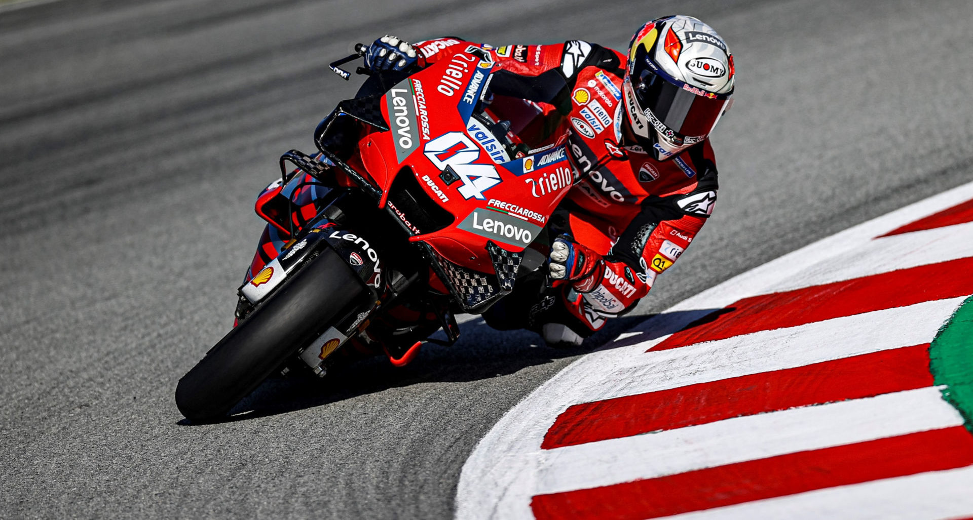 Andrea Dovizioso (04) at speed at Catalunya. Photo courtesy Ducati.