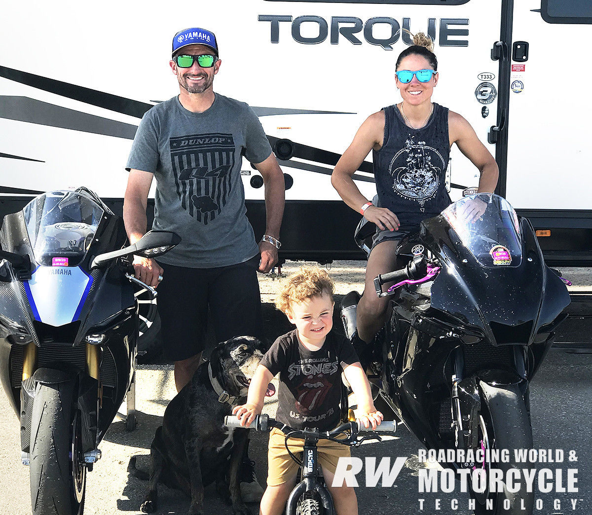 Josh Hayes, Melissa Paris and their two-year-old son Hawk are having family fun adventures and racetrack outings in their 39-foot Torque TQ T333 by Heartland toy-hauler/travel trailer.