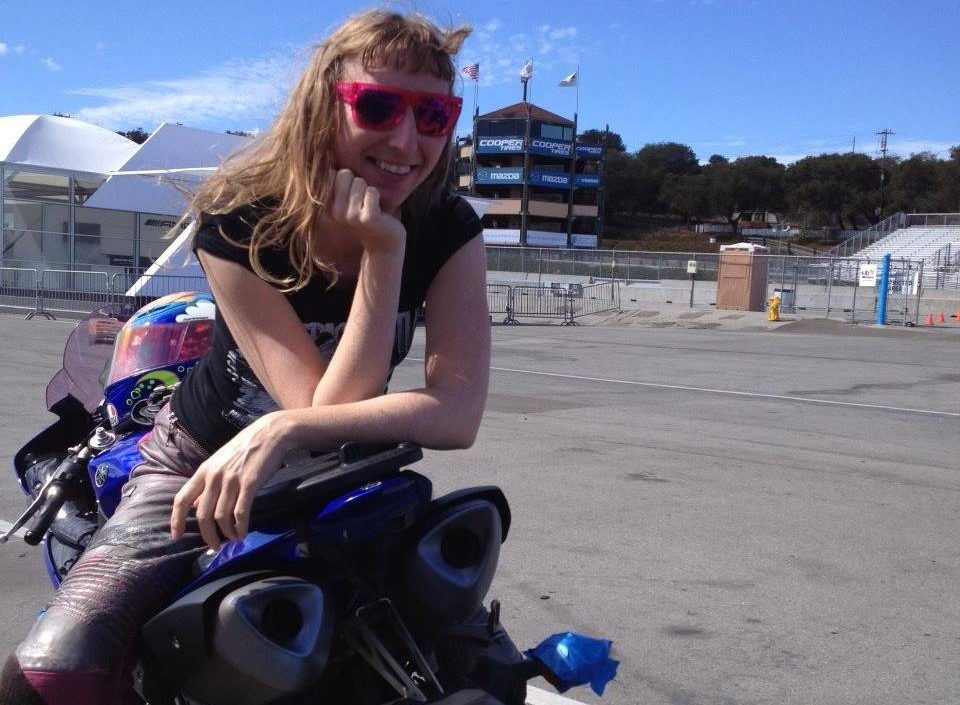 Susanna Schick on her Yamaha YZF-R1 at Laguna Seca.