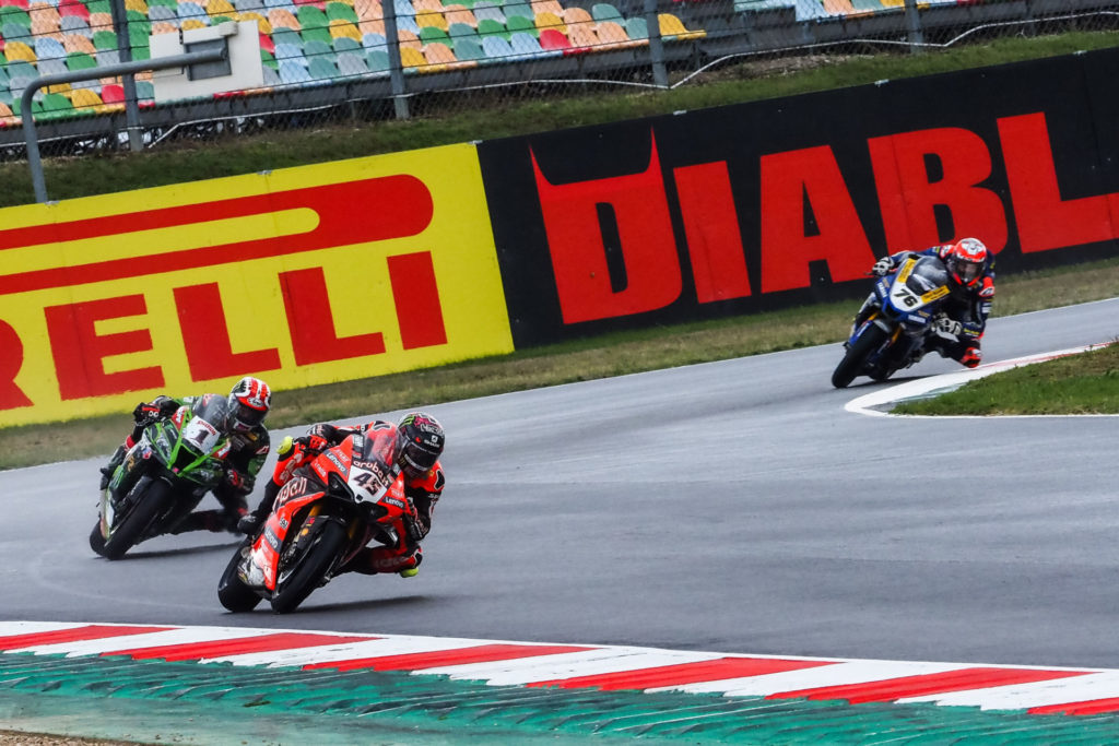 Scott Redding (45) leads Jonathan Rea (1) and Loris Baz (76) at Magny-Cours. Photo courtesy Dorna.