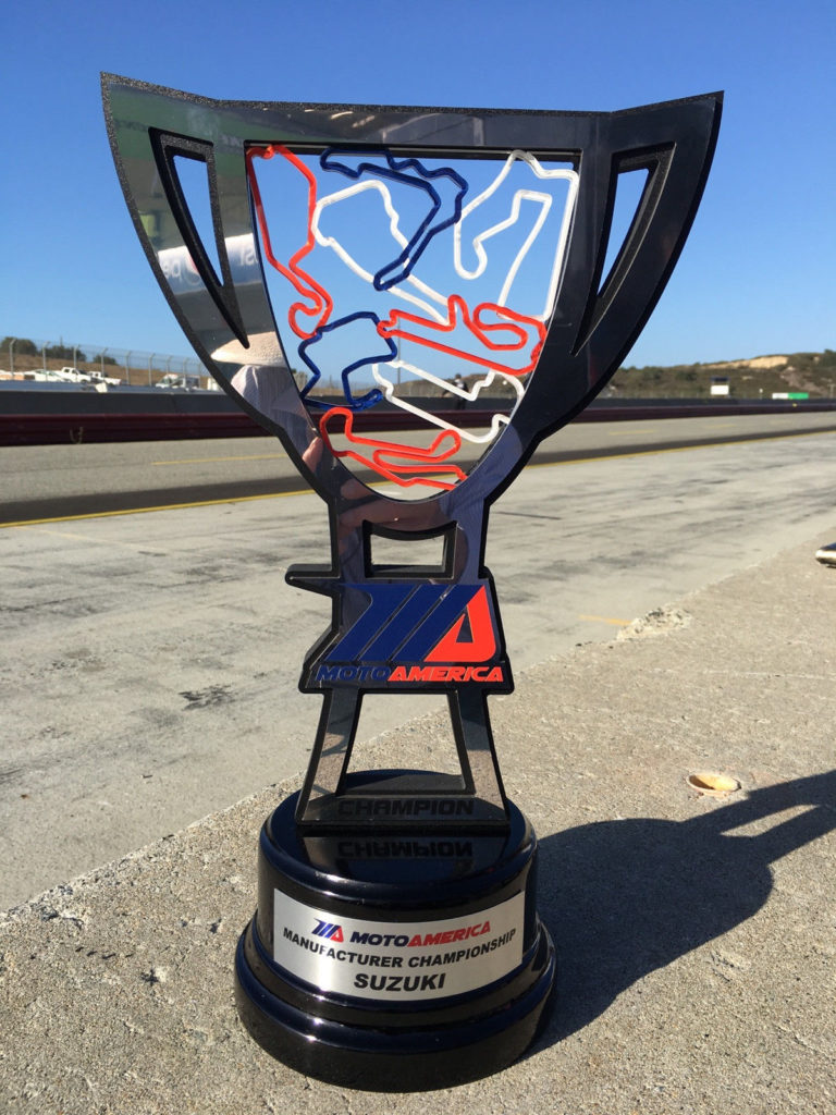 The 2020 MotoAmerica Manufacturers Championship trophy. Photo by Brian J. Nelson, courtesy Suzuki Motor of America, Inc.