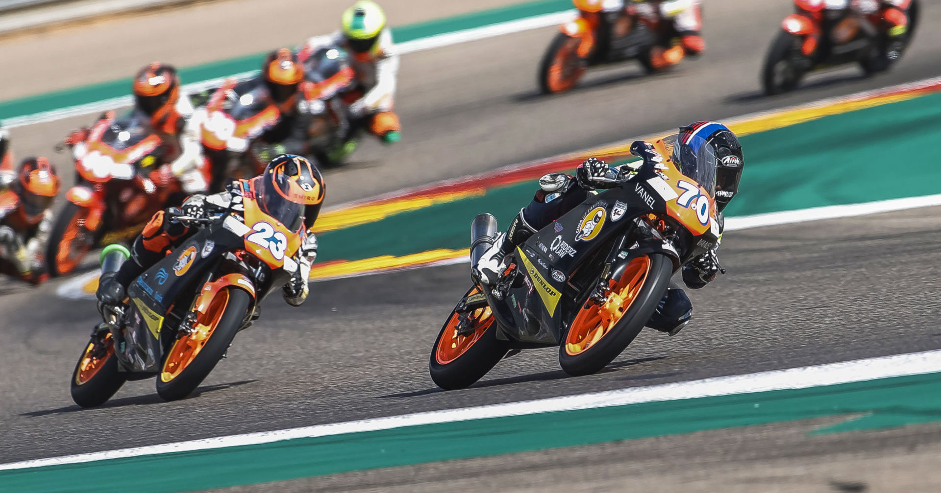 American Kristian Daniel Jr. (70) leading a Moto5 race at Motorland Aragon. Photo by Rafa Morrodan, courtesy Noyes Camp Academy.