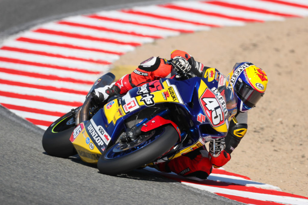 Cam Petersen (45) won big at Laguna Seca with a race win and the MotoAmerica Superbike Cup award. Photo by Brian J. Nelson, courtesy Suzuki Motor of America, Inc.