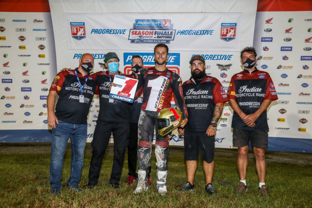 2020 AFT SuperTwins Champion Briar Bauman (center) and his team. Photo by Scott Hunter, courtesy AFT.