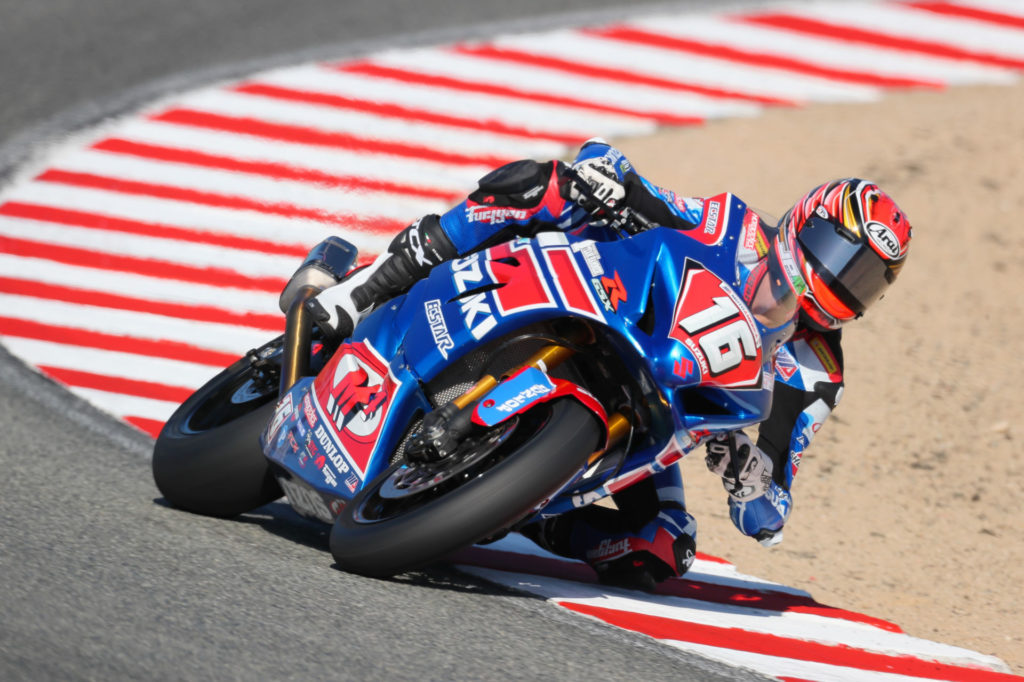 Alex Dumas (16) scored a close fourth on his GSX-R1000 in his final race of the season. Photo by Brian J. Nelson, courtesy Suzuki Motor of America, Inc.