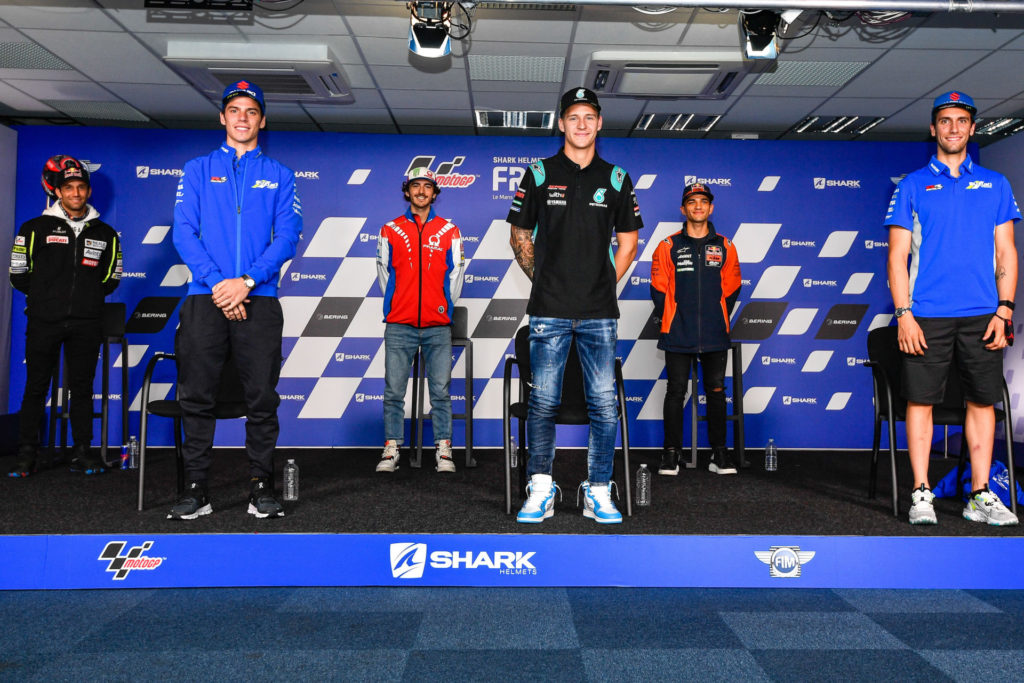 World Championship riders (from left): Johann Zarco, Joan Mir, Francesco Bagnaia, Fabio Quartararo, Jorge Martin, and Alex Rins. Photo courtesy Dorna.