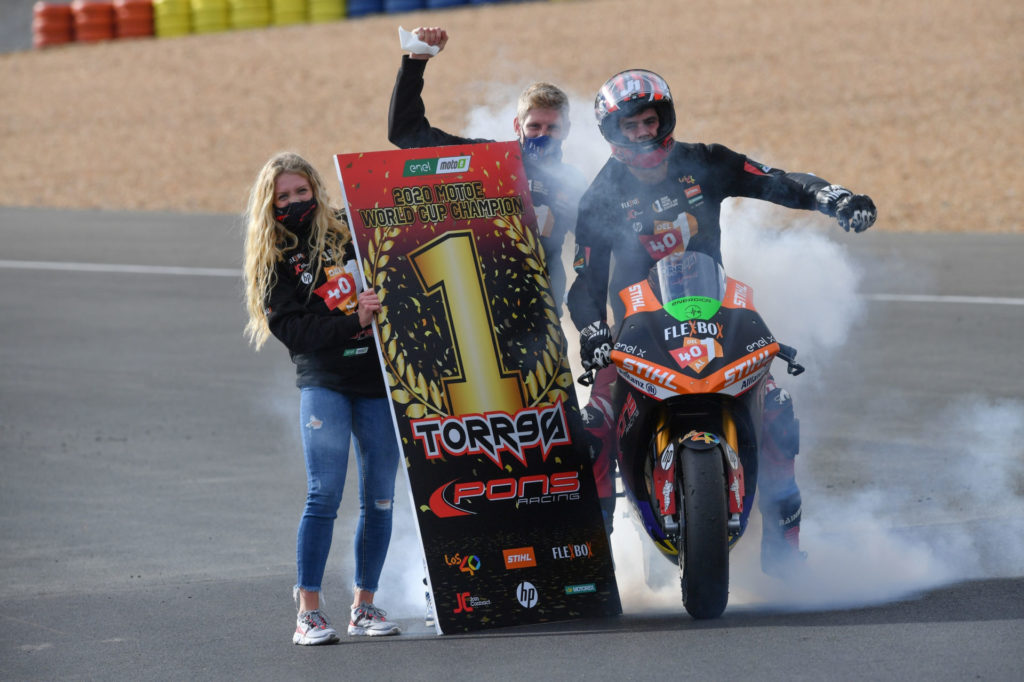 Jordi Torres (40) celebrates winning the 2020 FIM MotoE World Cup. Photo courtesy Dorna.