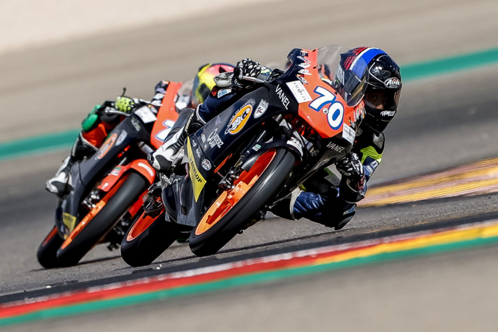 American Kristian Daniel Jr. (70) leading another rider at Motorland Aragon. Photo by Rafa Morrodan, courtesy Noyes Camp Academy.