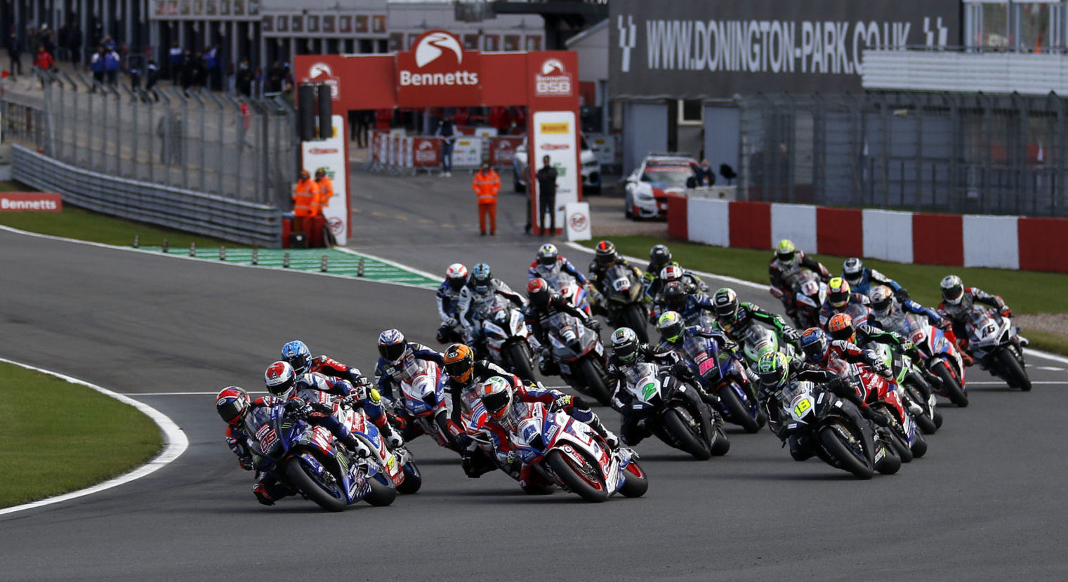 The start of a British Superbike race at Donington Park. Photo courtesy MSVR.