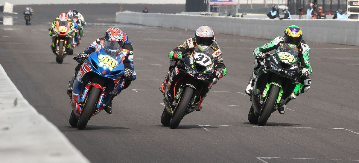 Sean Dylan Kelly (40), Stefano Mesa (37), and Richie Escalante (54) battle for the lead in MotoAmerica Supersport Race Two at Indianapolis Motor Speedway. Photo by Brian J. Nelson, courtesy MotoAmerica.