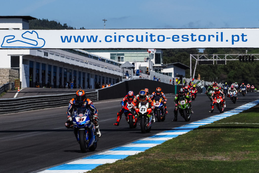 Garrett Gerloff (31) leading a group of riders into Turn One at Estoril. Photo courtesy Dorna.