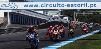 Garrett Gerloff (31) leading a group of riders into Turn One at Estoril. Photo courtesy Dorna.