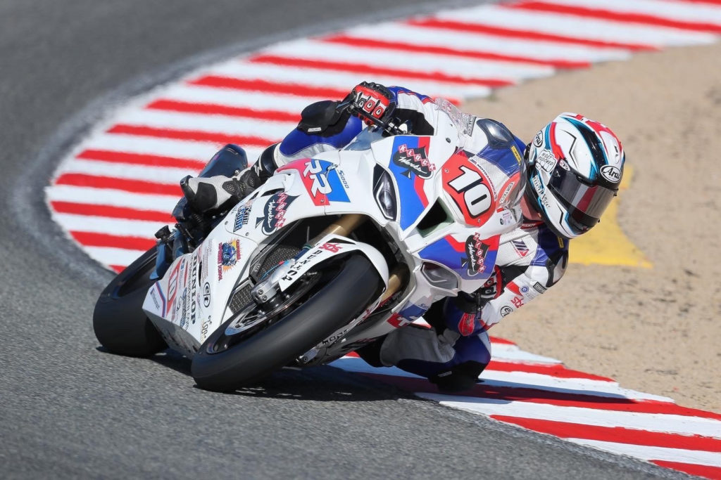 Travis Wyman (10) on his Klock Werks Travis Wyman Racing BMW at Laguna Seca. Photo by Brian J. Nelson, courtesy Travis Wyman Racing.