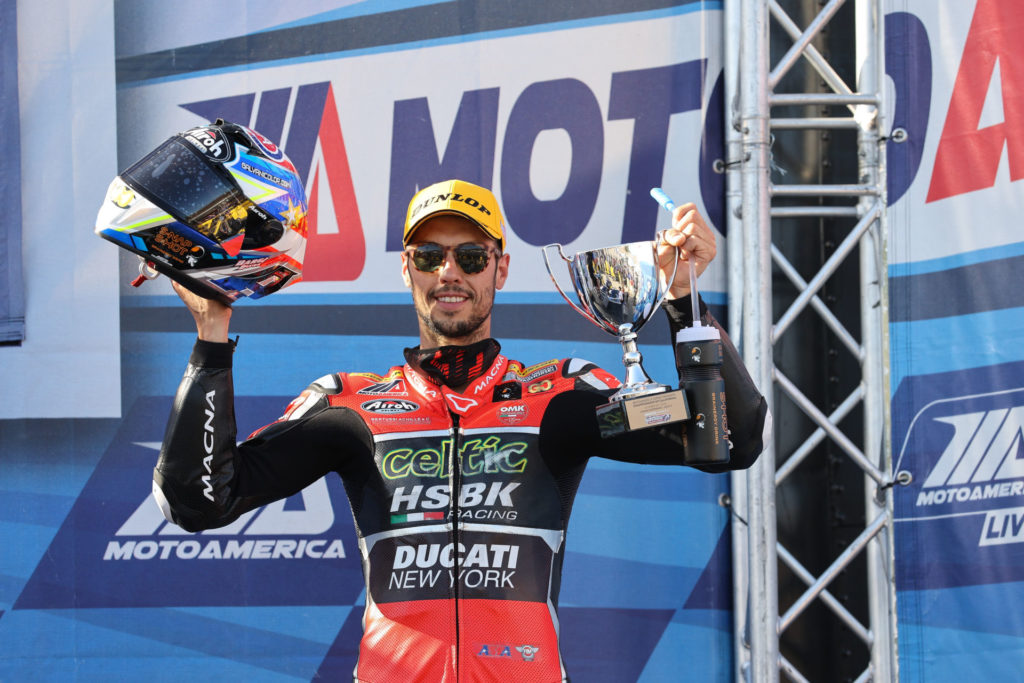 Lorenzo Zanetti on the MotoAmerica Superbike podum at Laguna Seca. Photo by Brian J. Nelson, courtesy Ducati North America.