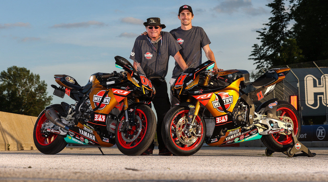 Mathew Scholtz (right) and his Westby Racing Yamaha YZF-R1 Superbike and team owner Tryg Westby (left) and his streetbike replica of Scholtz's Superbike. Photo by Brian J. Nelson, courtesy Westby Racing.