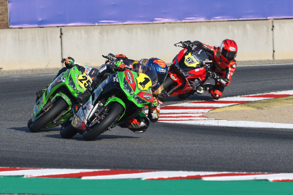 Rocco Landers (1) leads Dominic Doyle (25), Liam Grant (behind Landers), and Sam Lochoff (57) during Junior Cup Race One. Photo by Brian J. Nelson.