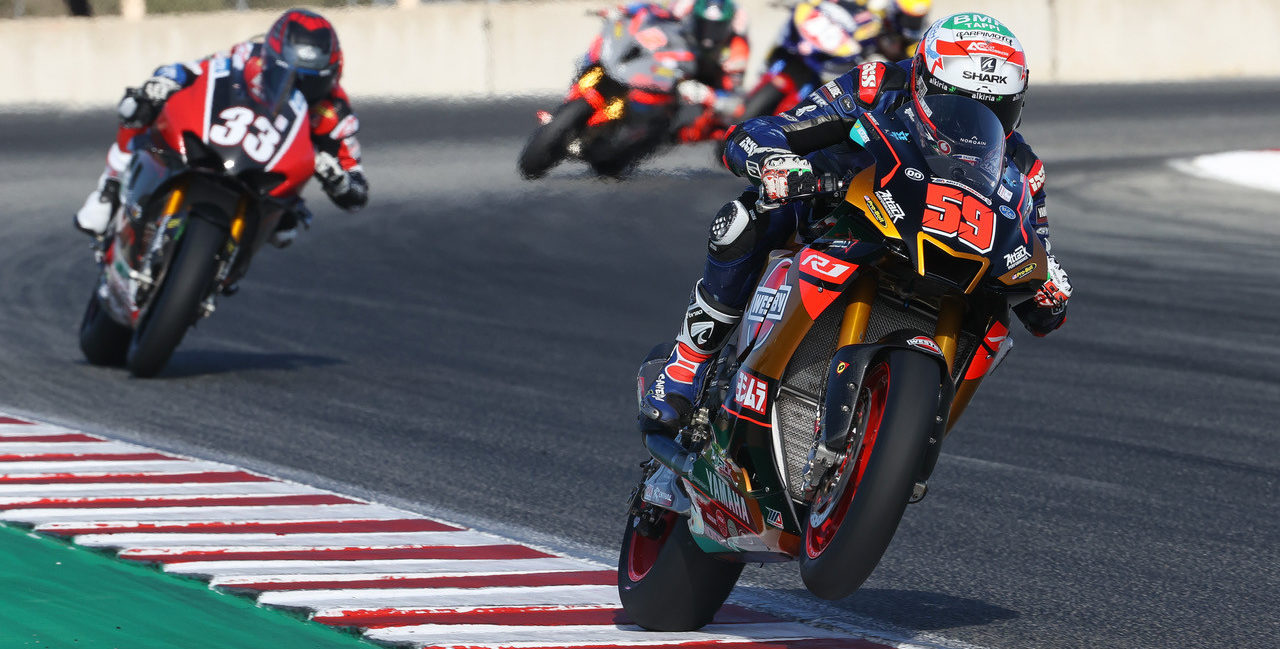 Niccolo Canepa (59), Kyle Wyman (33), Josh Herrin (2), and Cameron Petersen (45) during a MotoAmerica Superbike race at Laguna Seca. Photo by Brian J. Nelson, courtesy Westby Racing.