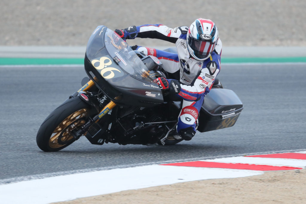 Travis Wyman (86) on a Trask Performance Harley-Davidson bagger at Laguna Seca. Photo by Brian J. Nelson, courtesy Travis Wyman Racing.