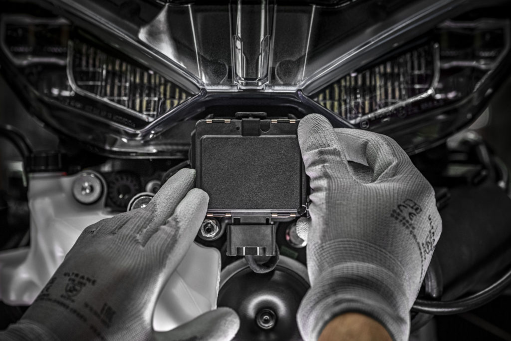 A front radar unit being installed on a Ducati Multistrada V4. Photo courtesy Ducati.