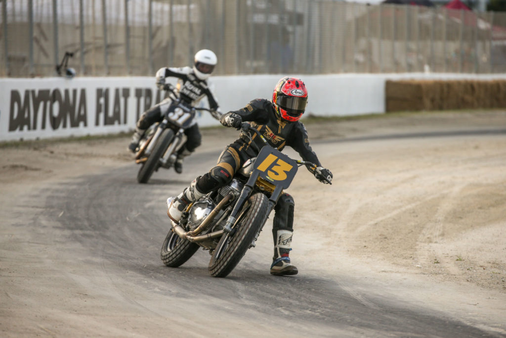 Melissa Paris (13) won the Royal Enfield BUILD TRAIN RACE main event over Jillian Deschenes (31). Photo by Scott Hunter, courtesy AFT.