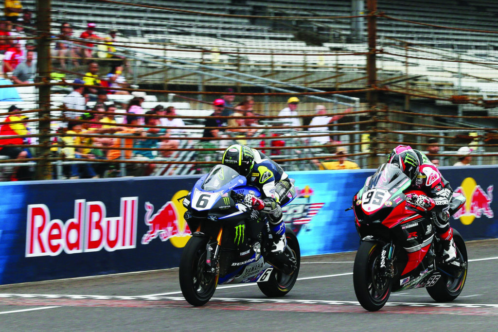 Cameron Beaubier (6) beat Roger Hayden (95) by less than 0.1 second in both MotoAmerica Superbike races at IMS in 2015. Photo by Brian J. Nelson.