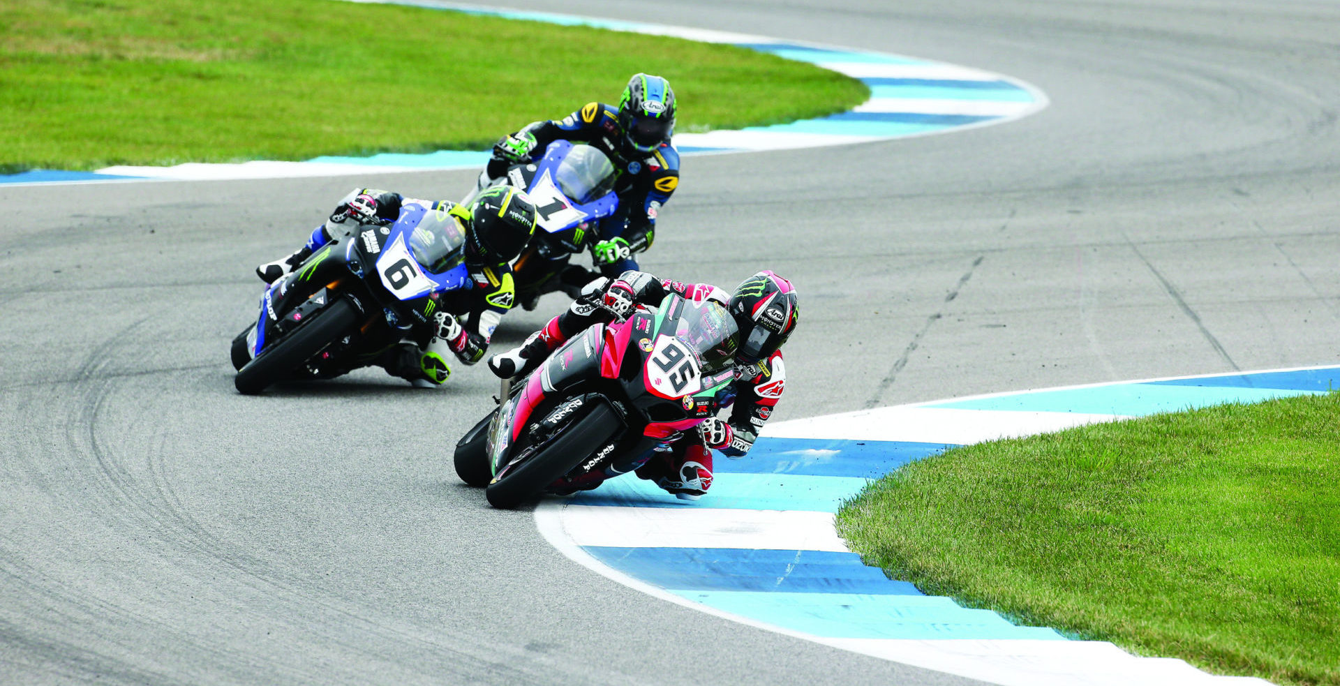 Roger Hayden (95) leads Cameron Beaubier (6) and Josh Hayes (1) in MotoAmerica Superbike Race Two at Indianapolis Motor Speedway in 2015. Photo by Brian J. Nelson.