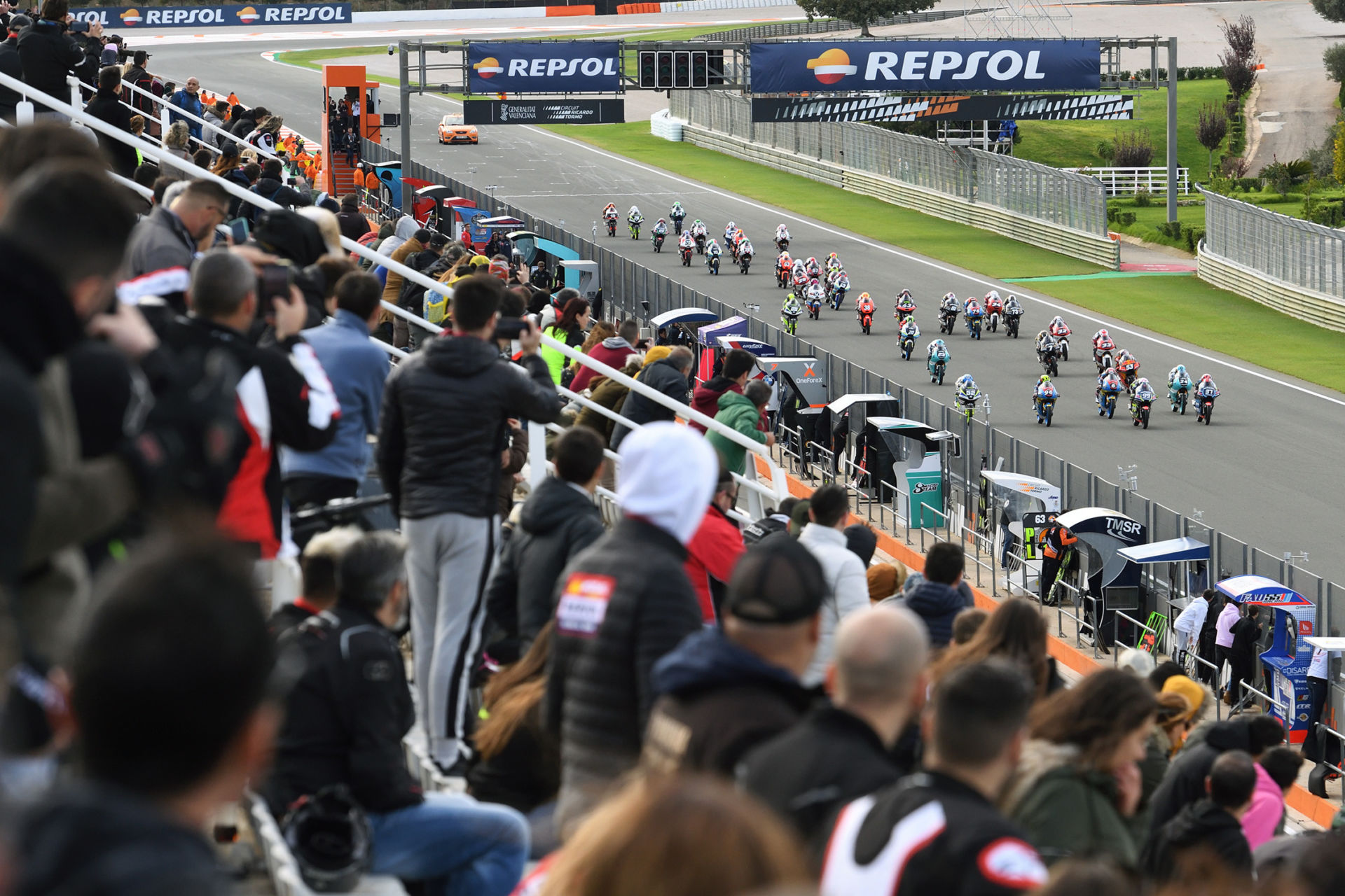 A Moto3 race start during the FIM CEV Repsol season finale at Valencia in 2019. Photo courtesy FIM CEV Repsol Press Office.