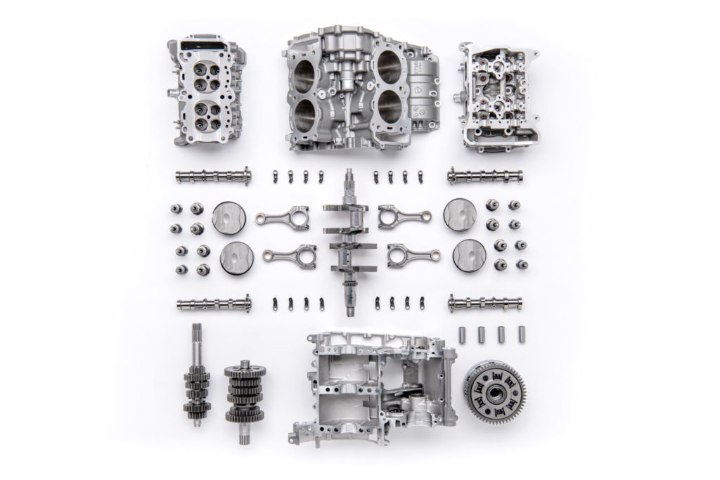 Ducati's new V4 Granturismo engine disassembled. Photo courtesy Ducati.