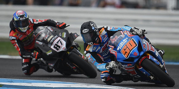 Bobby Fong (50) and Lorenzo Zanetti (87) each won a MotoAmerica Superbike race Sunday at Indianapolis Motor Speedway. Photo courtesy IMS Photo.