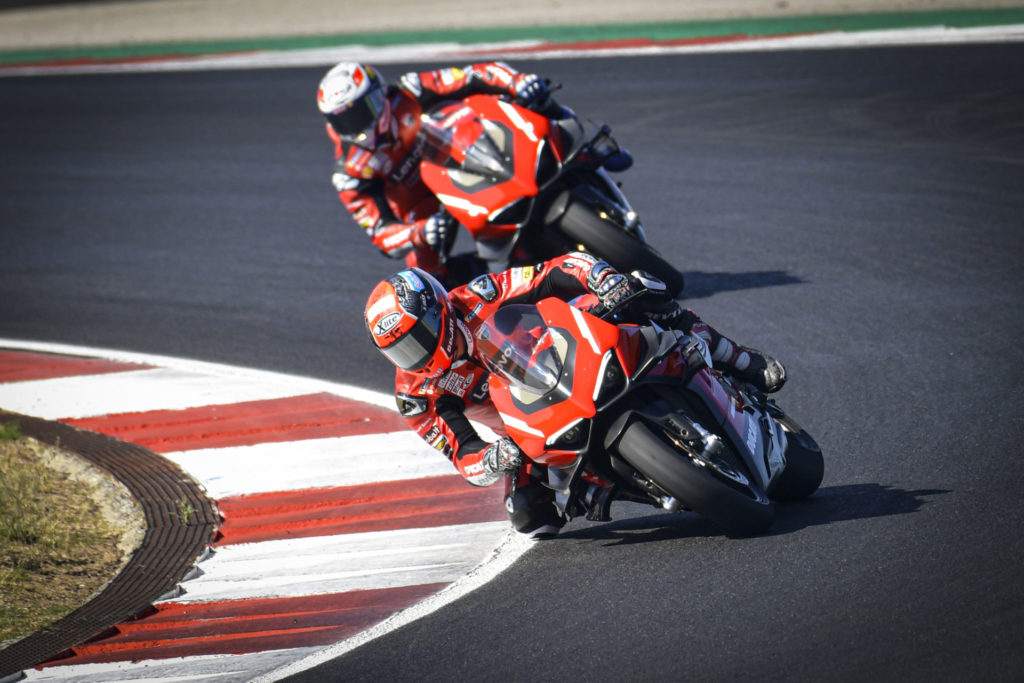 Danilo Petrucci leading Andrea Dovizioso with the pair riding Ducati Superleggera V4's. Photo courtesy Dorna.