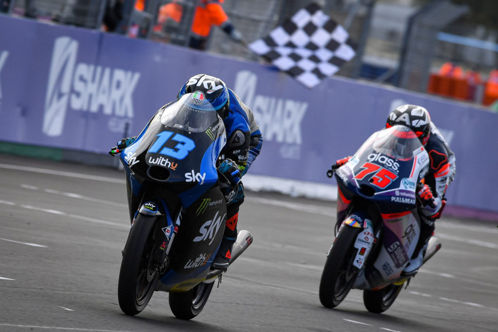 Celestino Vietti (13) and Albert Arenas (75) at the finish of the Moto3 race. Photo courtesy Dorna.