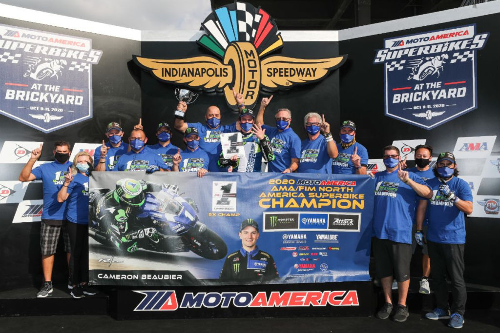 Cameron Beaubier and his Monster Energy Attack Performance Yamaha team, friends, and family. Photo by Brian J. Nelson, courtesy Yamaha.