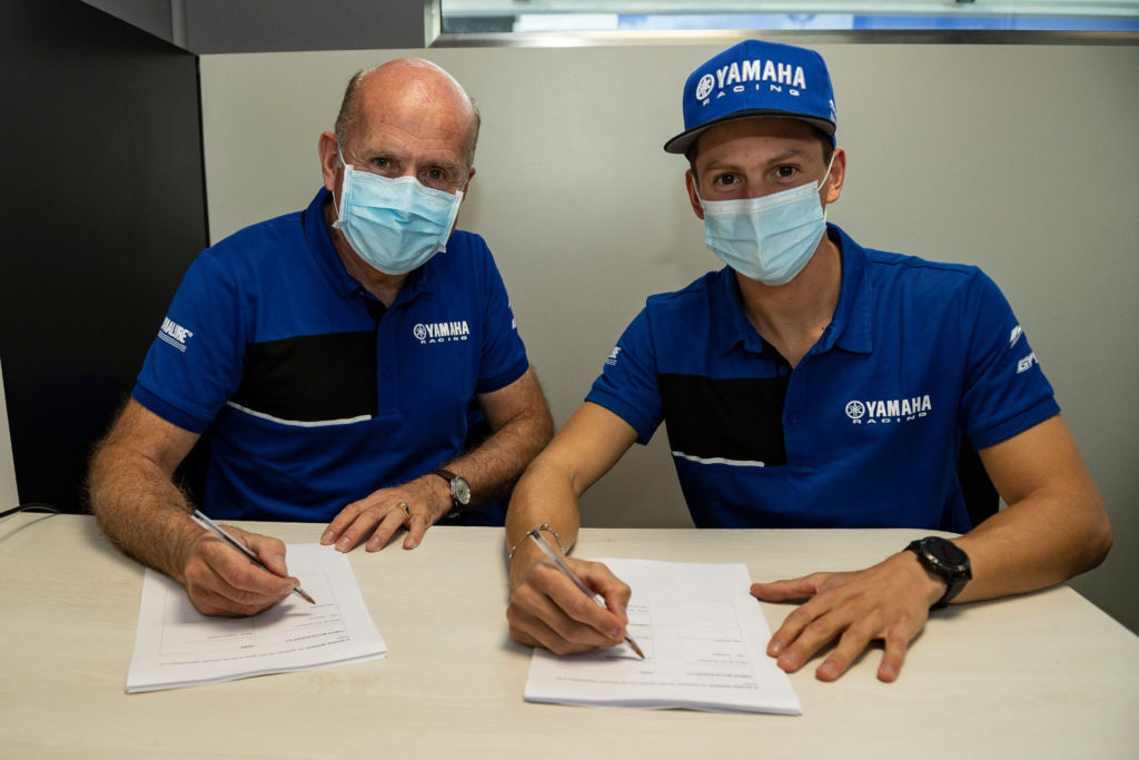 Eric de Seynes, Yamaha Motor Europe President (left), with 2020 FIM Supersport World Champion Andrea Locatelli (right). Photo courtesy Yamaha Motor Europe.