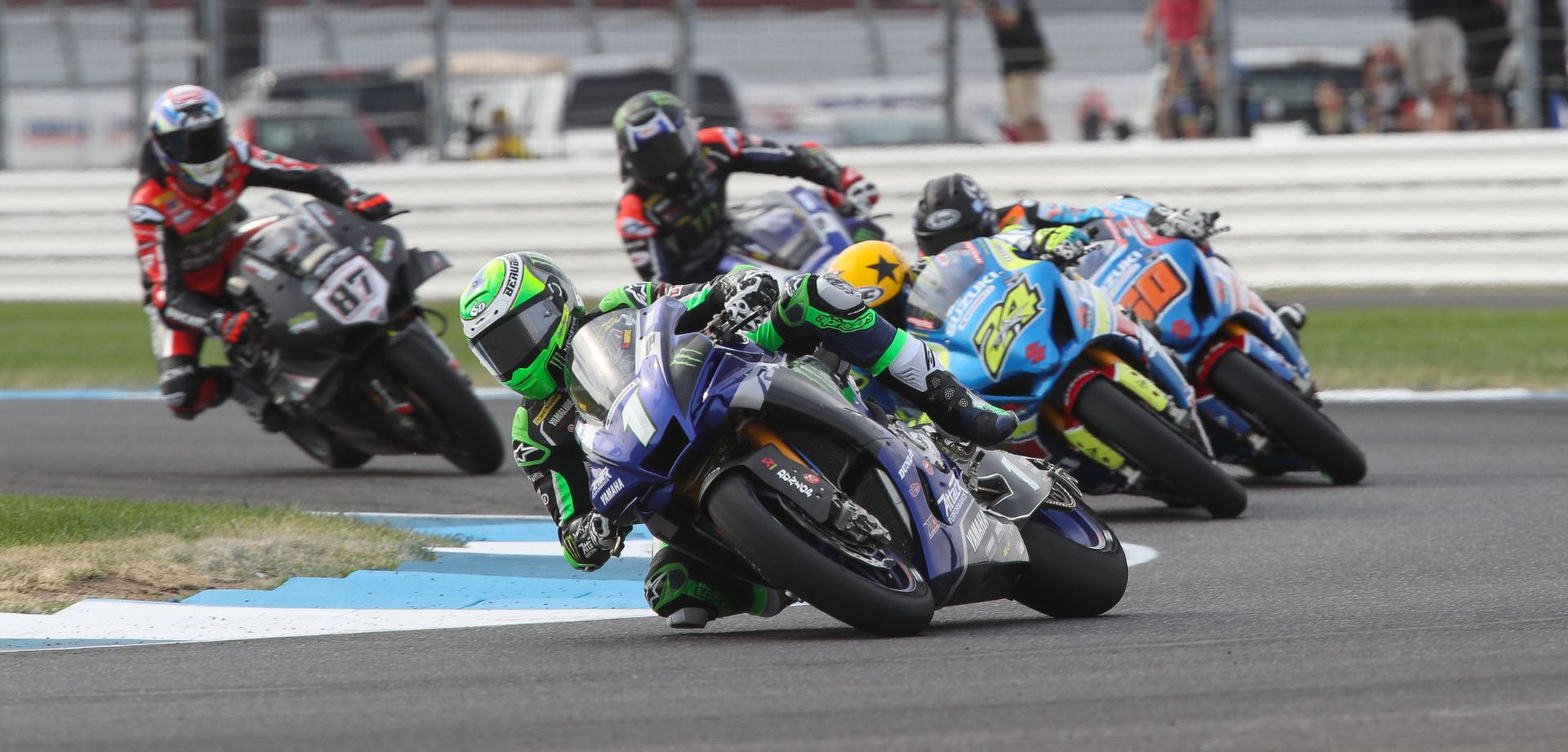 Cameron Beaubier (1) leading Toni Elias (24), Bobby Fong (50), Jake Gagne, and Lorenzo Zanetti (87) at Indianapolis Motor Speedway. Photo by Brian J. Nelson, courtesy Yamaha.