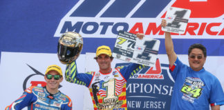 Toni Elias (center) celebrates his 2017 Superbike Championship with teammate Roger Hayden (left) and Don Sakakura from Yoshimura (right). Photo courtesy Suzuki Motor of America, Inc.