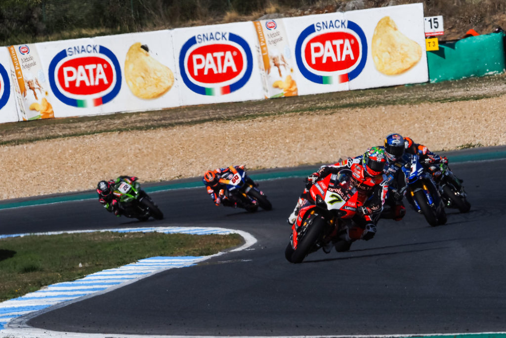 Chaz Davies (7) leading World Superbike Race Two at Estoril. Photo courtesy Dorna.