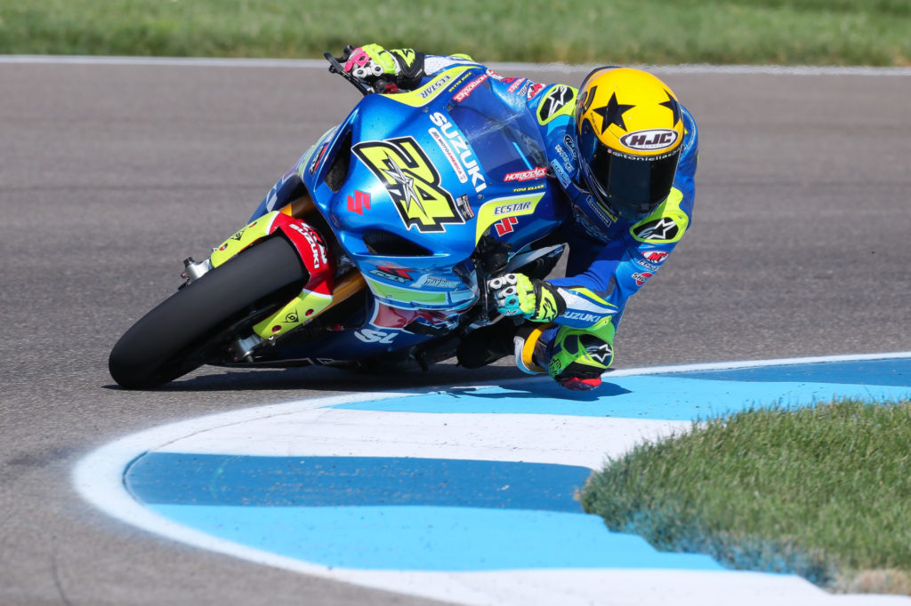 Toni Elias (24) took pole position and two top-five finishes at the Indianapolis Motor Speedway. Photo by Brian J. Nelson, courtesy Suzuki Motor of America, Inc. 
