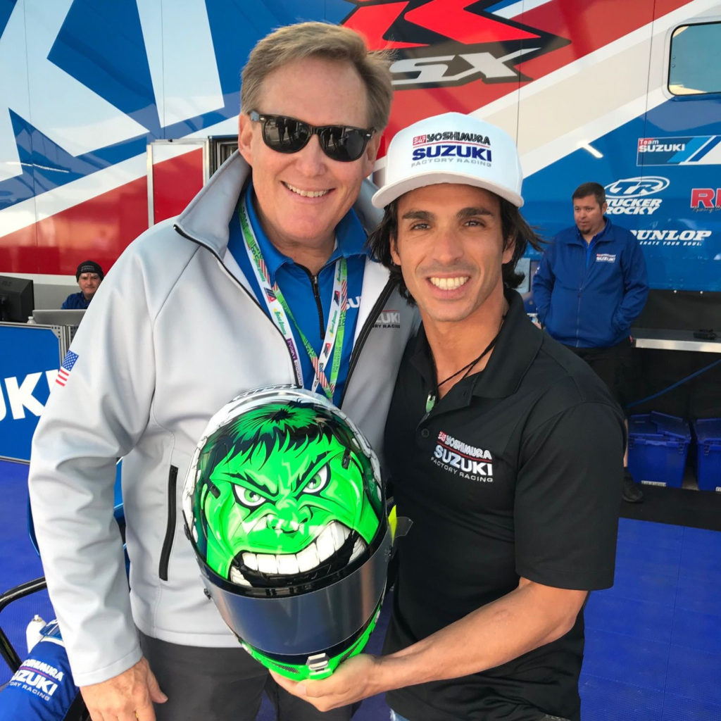 Suzuki's Kerry Graeber (left) and Toni Elias (right) at Circuit of the Americas in 2018. Photo courtesy Suzuki Motor of America, Inc.