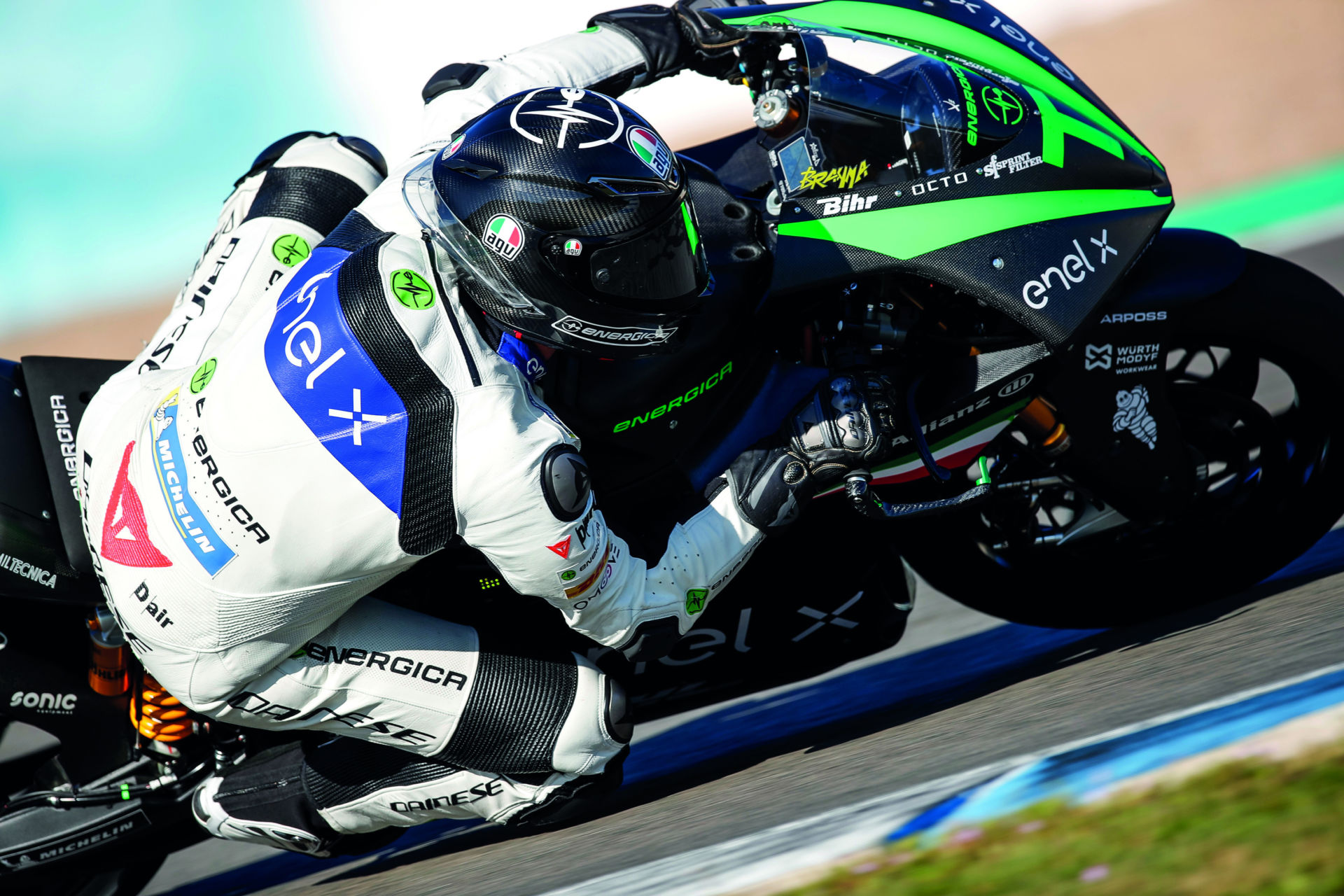 An Energica test rider on an Energica Ego Corsa electric racebike. Photo courtesy Energica.