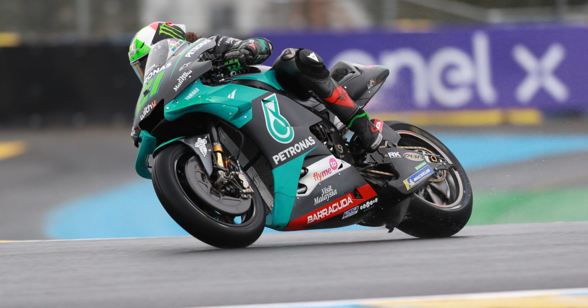 Franco Morbidelli (21) riding in cold and wet conditions at Le Mans. Photo courtesy PETRONAS Yamaha SRT.
