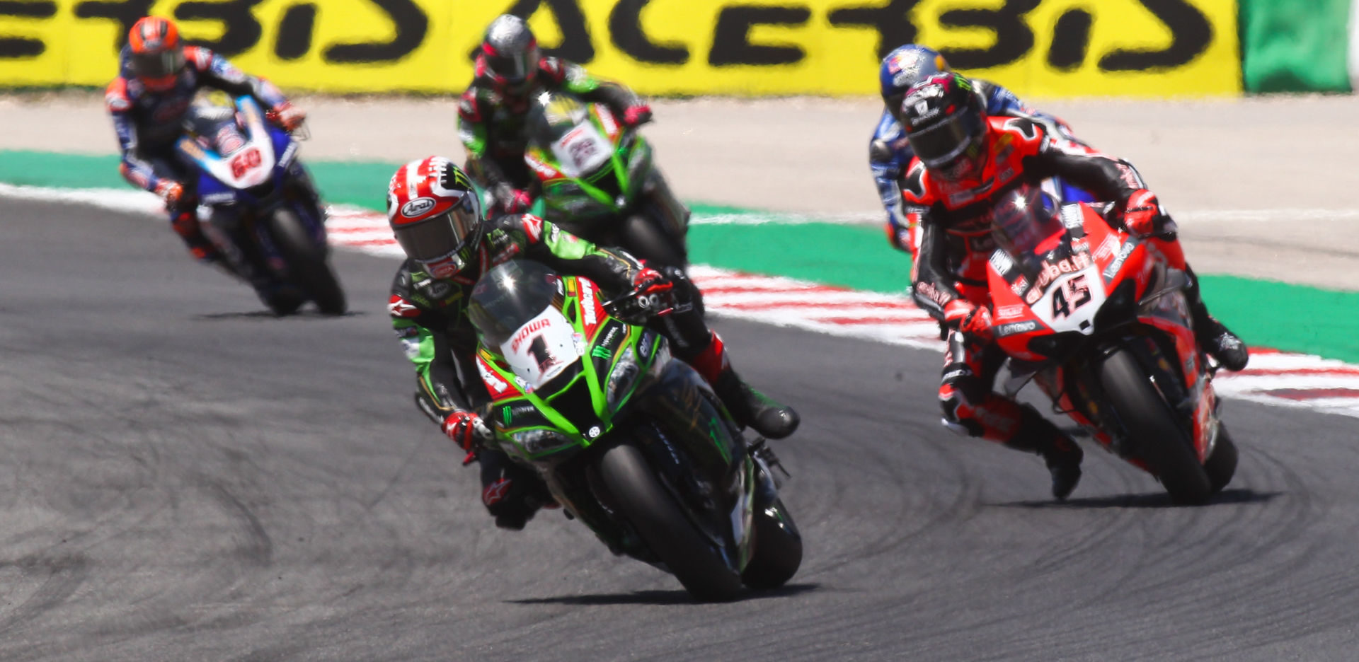 Superbike World Championship point leader Jonathan Rea (1), title challenger Scott Redding (45), Toprak Razgatlioglu (behind Redding), Alex Lowes (22), and Michael van der Mark. Photo courtesy Dorna WorldSBK Press Office.