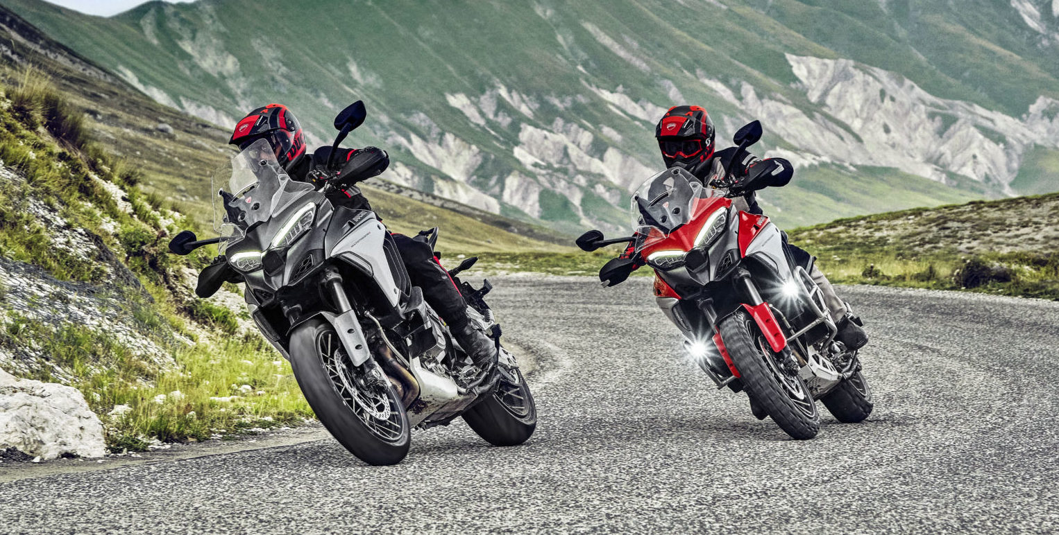 Two 2021-model Ducati Multistrada V4s at speed. Photo courtesy Ducati.